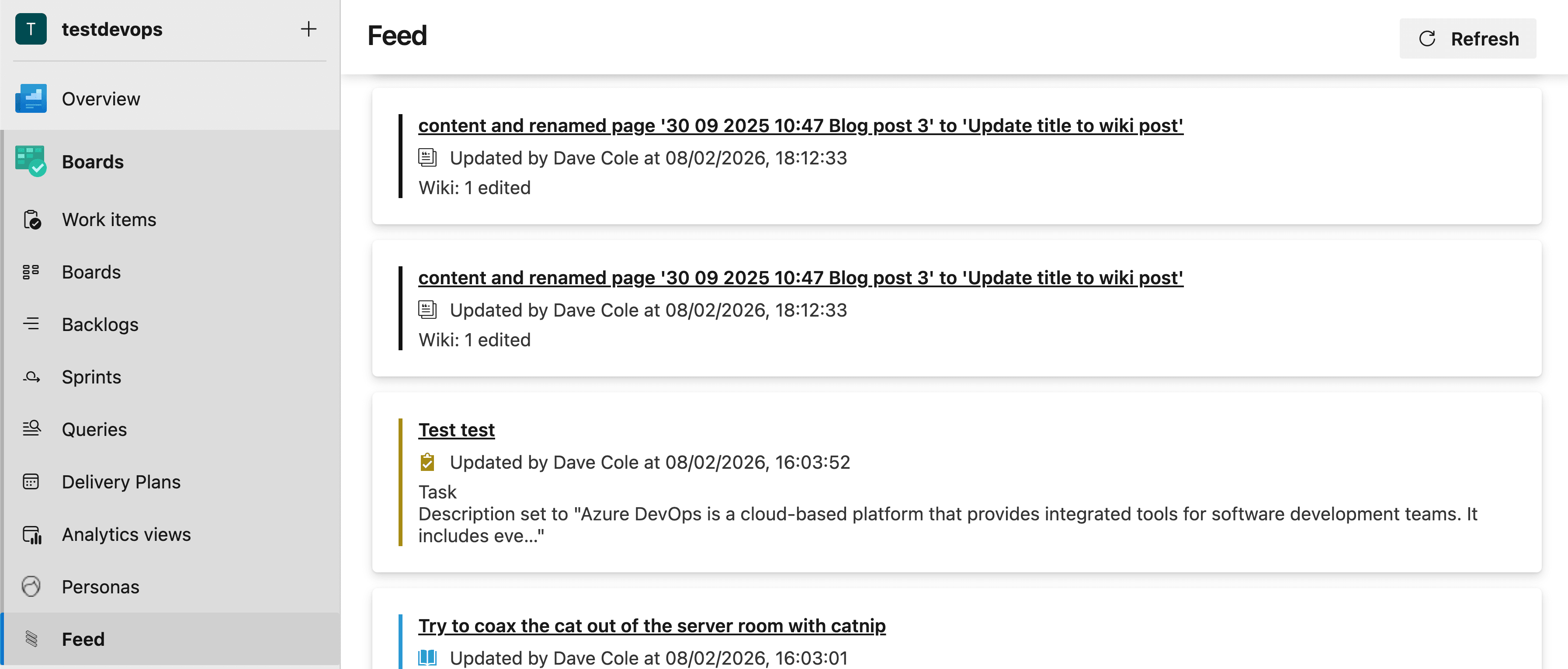 Feedster feed view showing work items and tasks